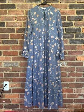 PATRONS OF PEACE Floral Tiered Blue Tie Neck Dress Sz Medium